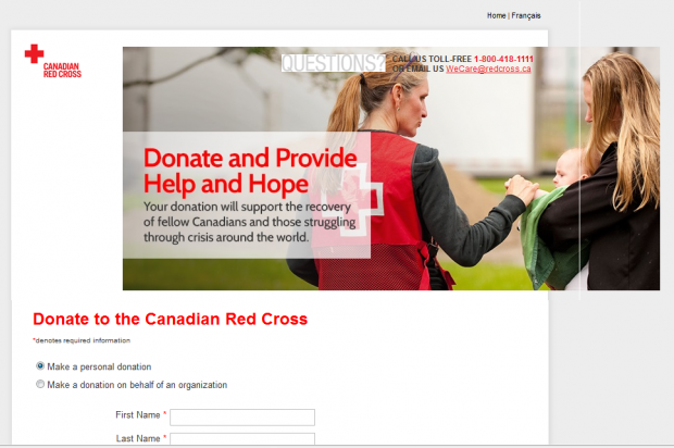 The Canadian Red Cross smartly offers its donation page in two languages, and has a clear title for its donation form. The picture's also a good start to telling a story, though more detail and specificity would make it even better.