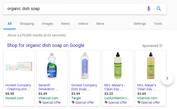 Screenshot of Google product results for dish soap query