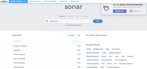 Sonar keyword research tool for Amazon