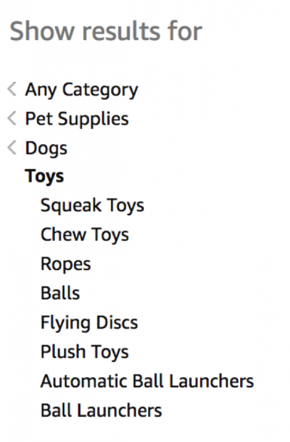 Examples of Amazon categories for keyword research