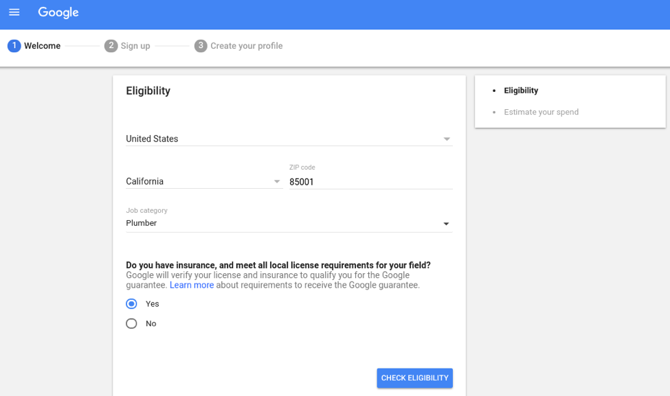 Google LSA sign up process screenshot