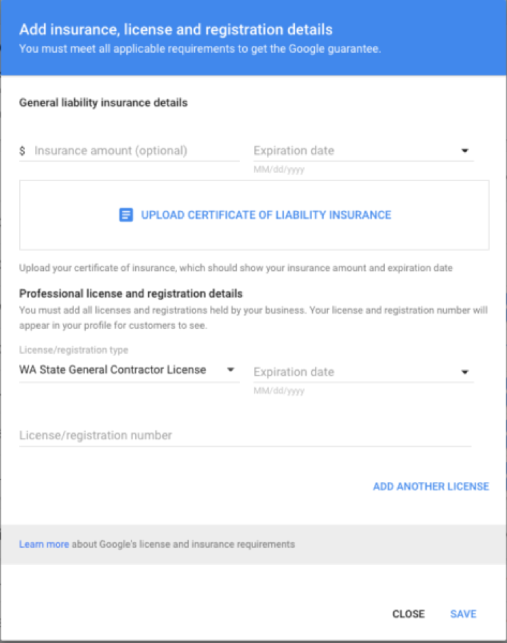 Google LSA sign up process screenshot