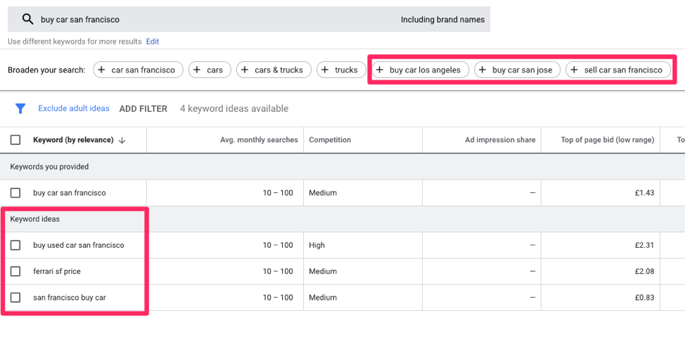 Example of keyword suggestions for dealership related queries